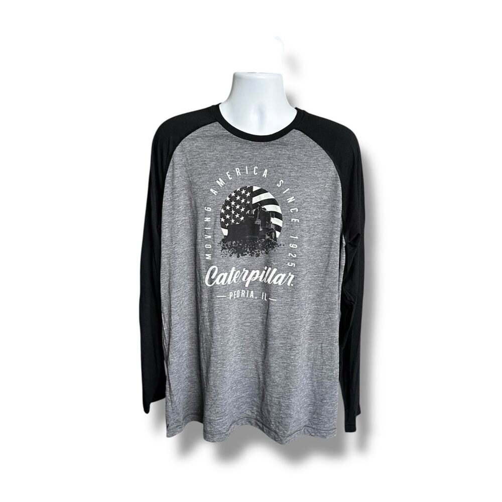 Caterpillar CAT Moving America Since 1925 LS Gray Black Raglan T-shirt XL